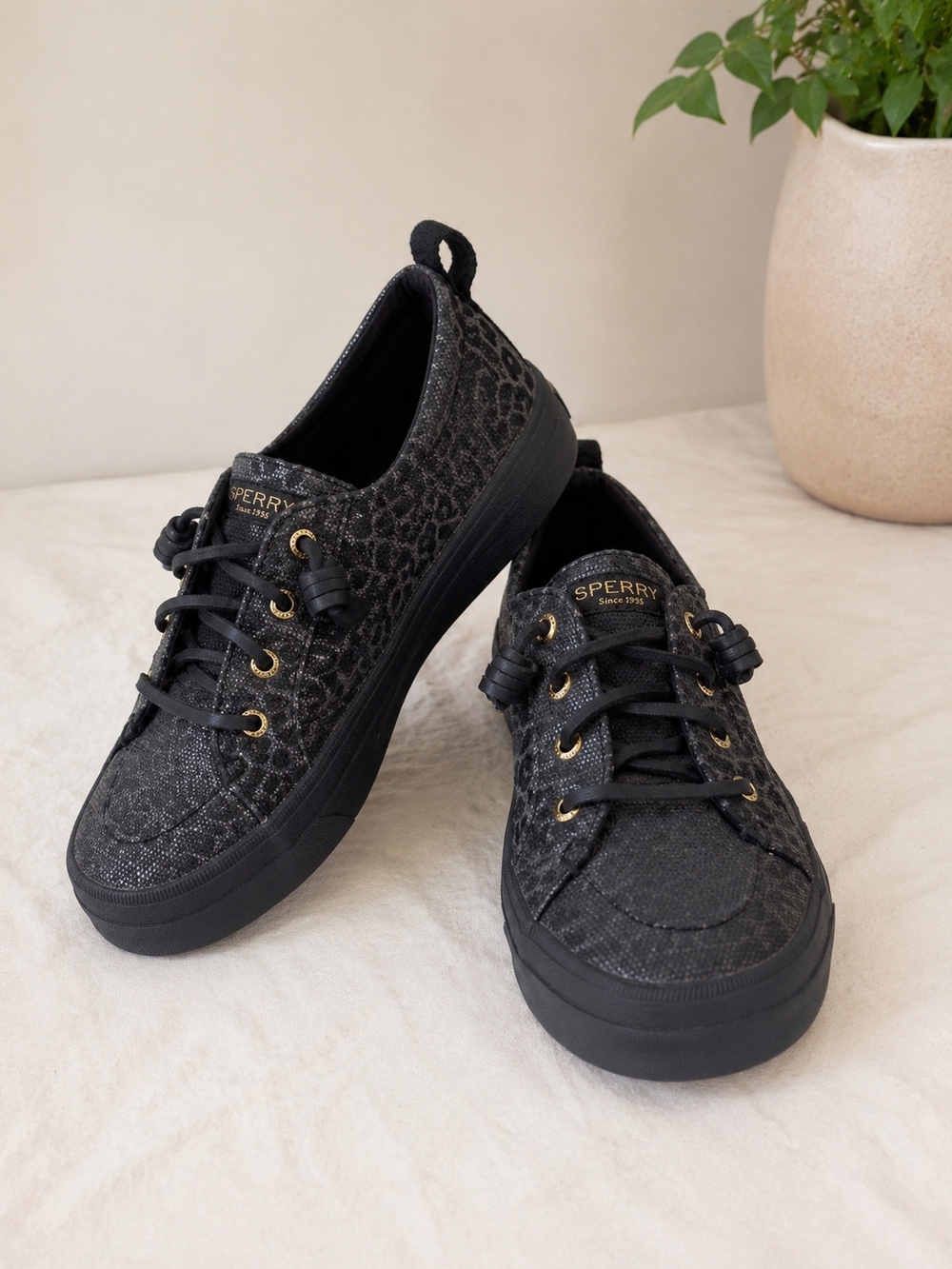 Sperry Black Leopard-Print Low-Top Sneakers
